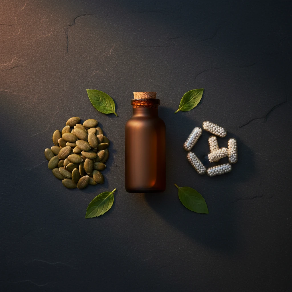 Zink en selenium voor mannen: pompoenzaden, kruiden en supplementcapsules op donkere achtergrond