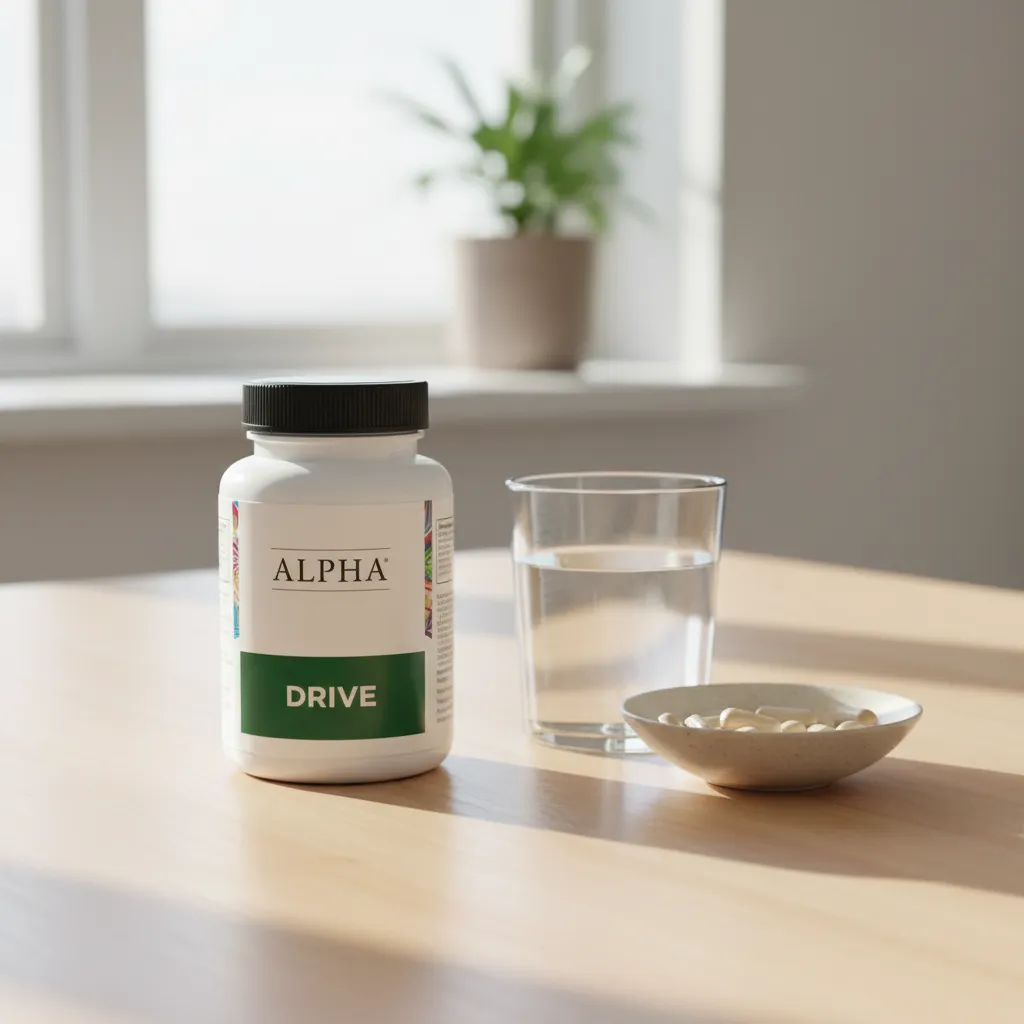 Alpha Drive supplement pot op donkere houten ondergrond met een glas water